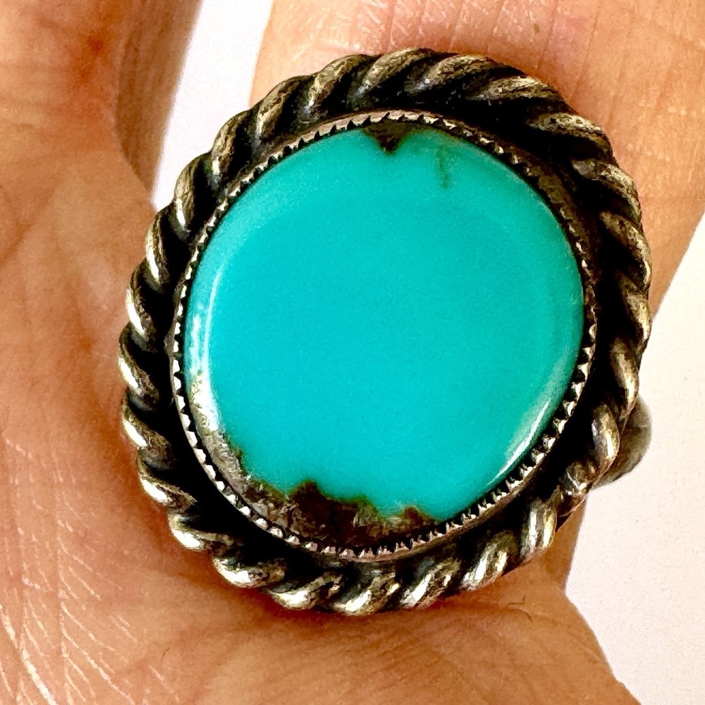 VTG Navajo Round Sawtooth Bezel Turquoise Ring Sz 7 Sterling 60s Old Native Amer